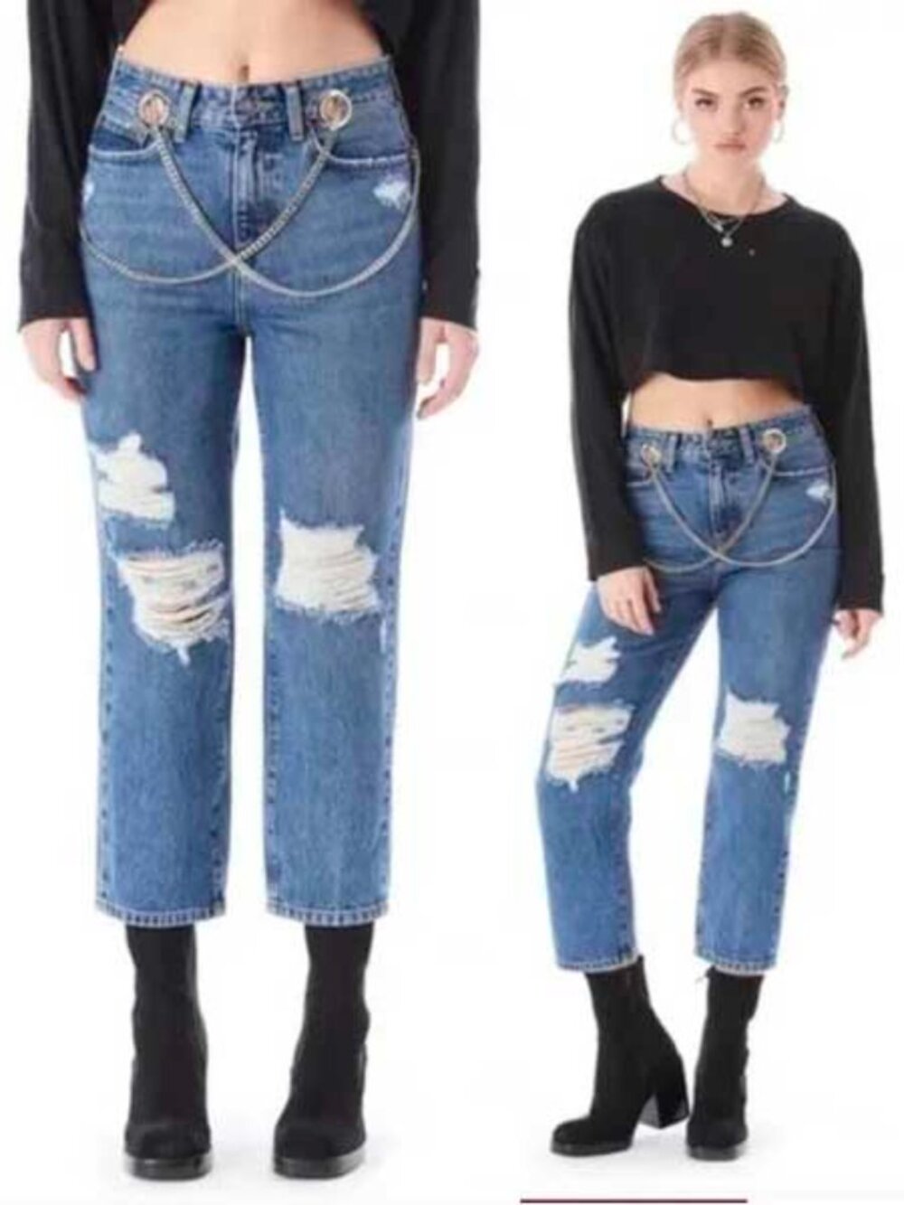 Carmar Womens HERMIA GIANNA CROSSOVER Silver CHAIN Blue Denim JEAN Pants 34 NWT